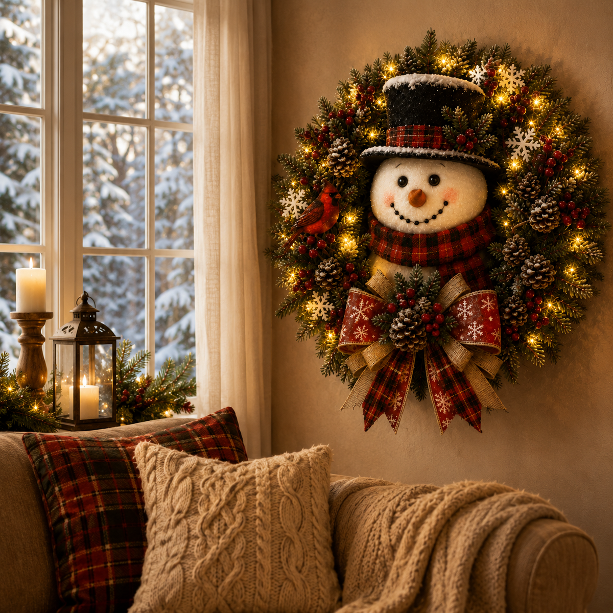 ✨✨ Hot Sale 50% OFF ⛄ Snowman Lighted Christmas Wreath – Festive Holiday Door Decor