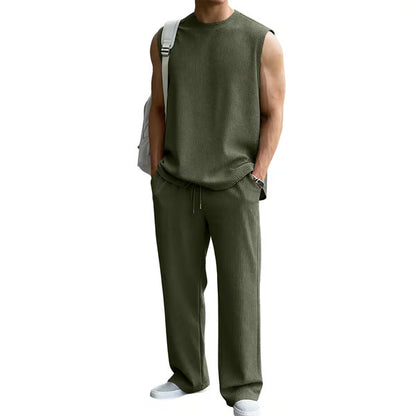 🔥 50% OFF Father’s Day Special ⏰🎁 Men’s Rib Knit 2-Piece Set – Sleeveless Tank & Baggy Wide-Leg Pants