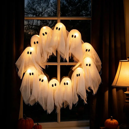 👻 LAST DAY 50% OFF – Glowing Ghost Wreath – Halloween Door Decor