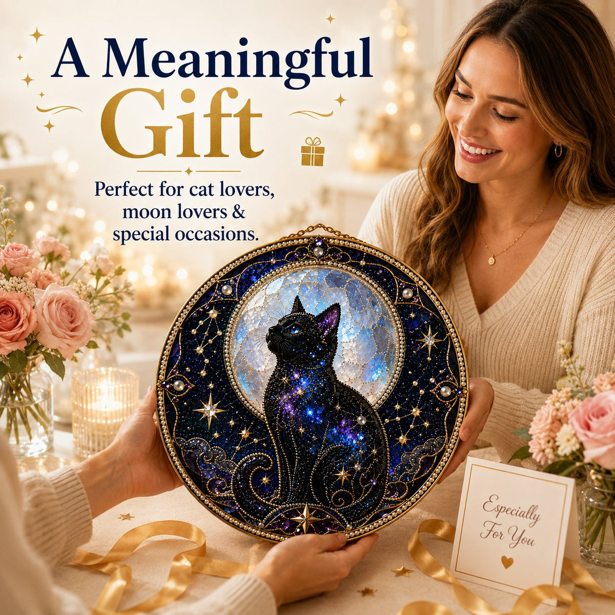 🔥Last Day 50% OFF -🌙🐈‍⬛ Premium 3D Pearl Celestial Black Cat Window Hanging Kit