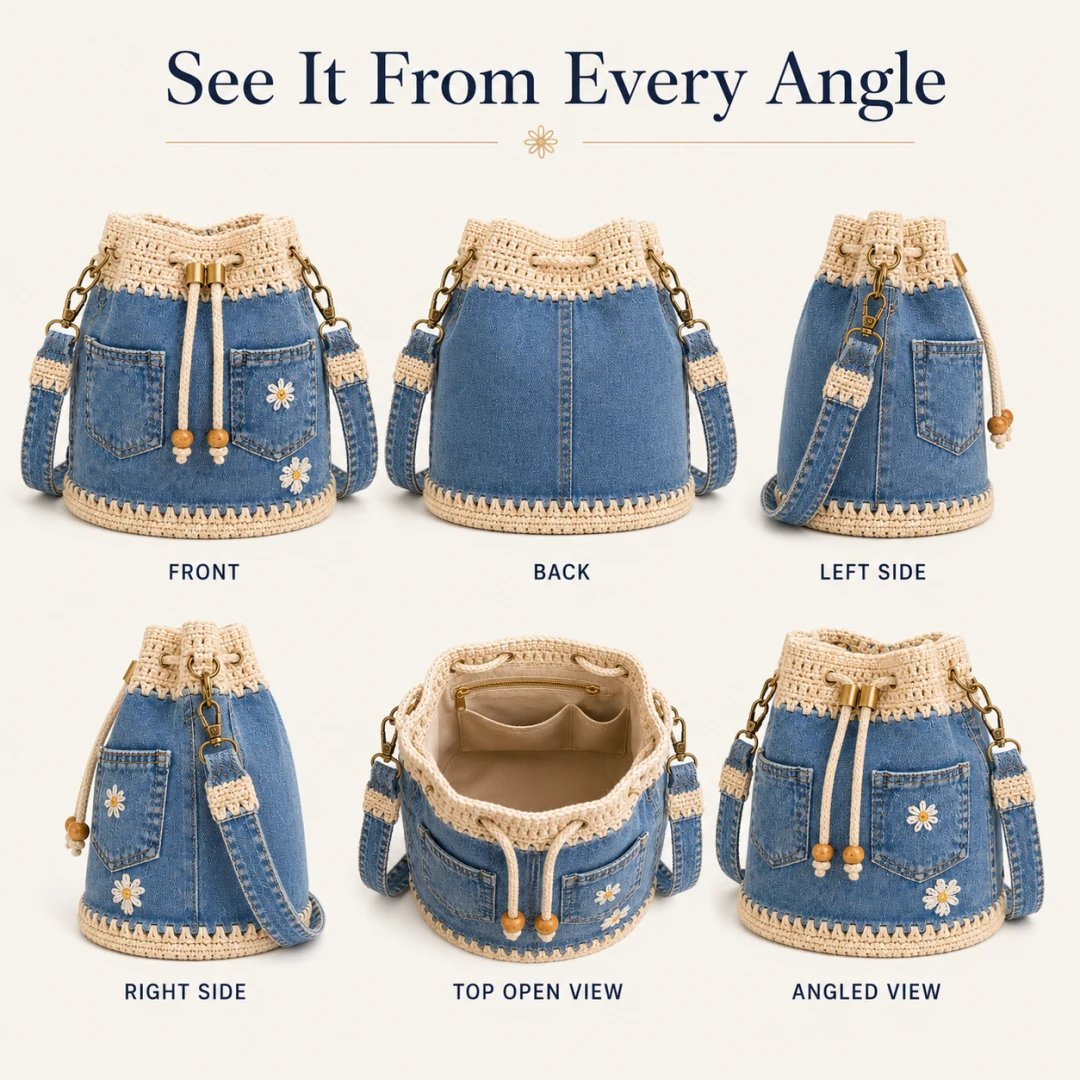 👜✨Handmade Denim Crochet Bucket Bag Stylish Woven Shoulder Tote Everyday Fashion✨👜