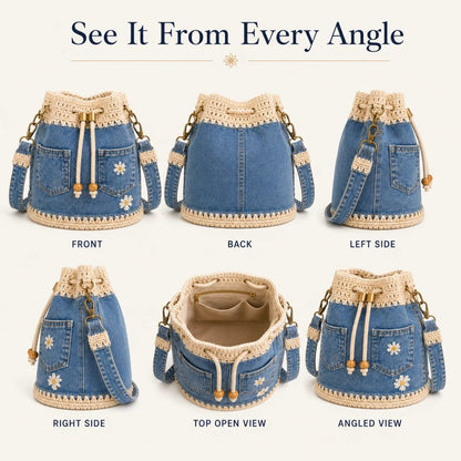 👜✨Handmade Denim Crochet Bucket Bag Stylish Woven Shoulder Tote Everyday Fashion✨👜