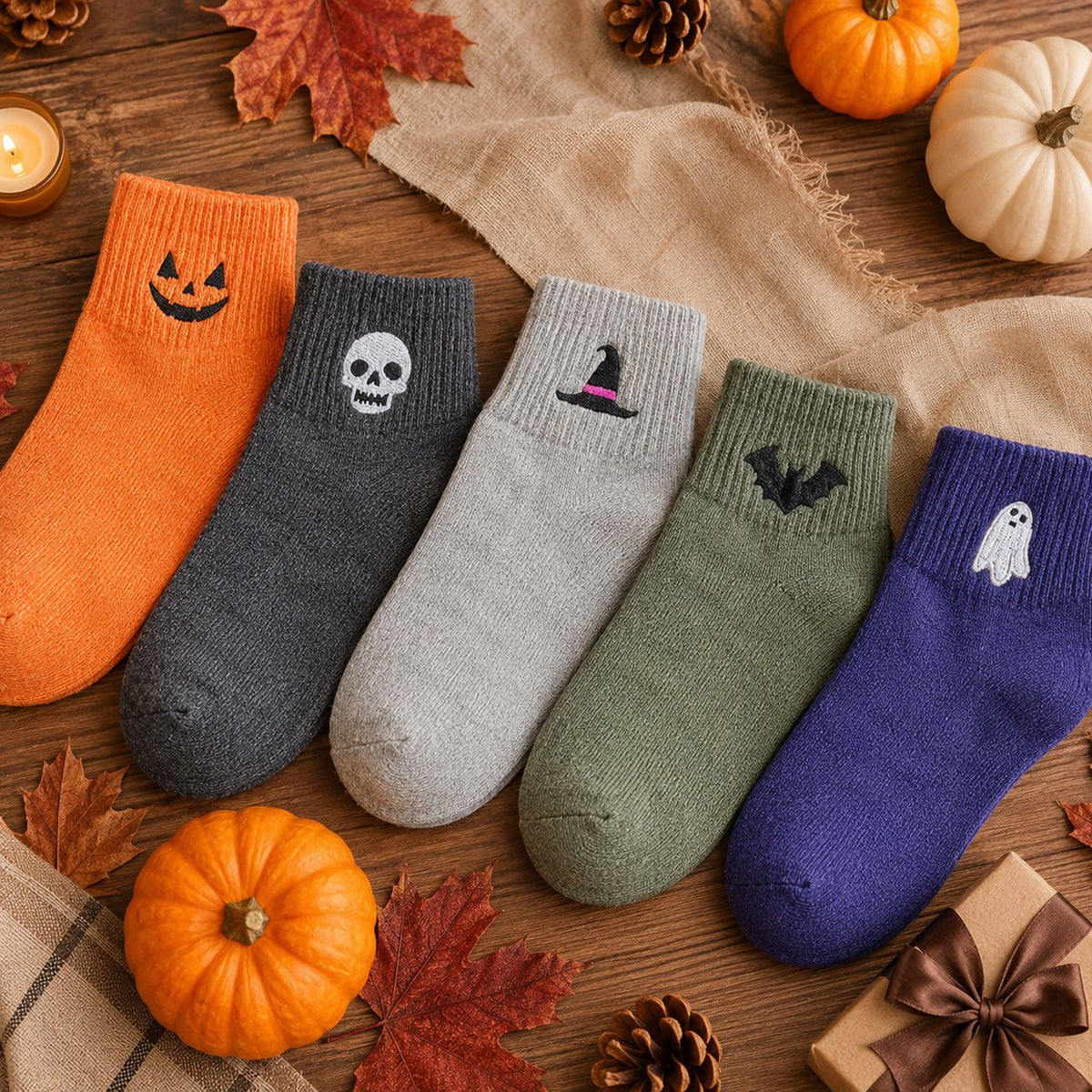 🔥🎃 100% Cotton - Viral Halloween Embroidered Crew Socks – Cute Spooky Knit Socks✨