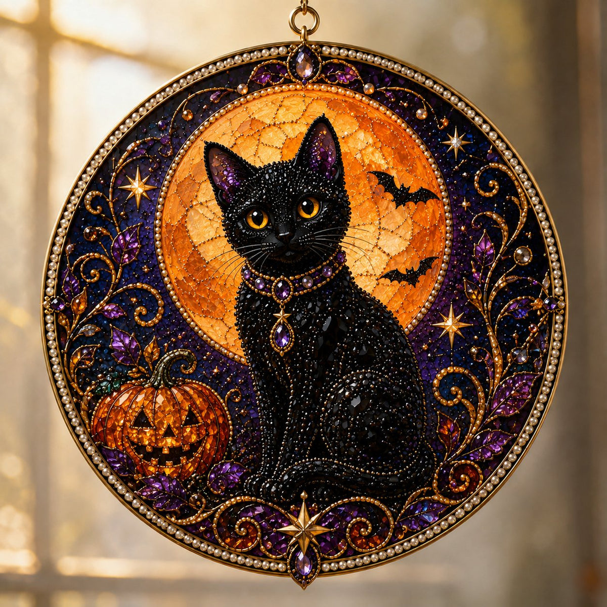 🔥Last Day 50% OFF -🌙🐈‍⬛ Premium 3D Pearl Celestial Black Cat Window Hanging Kit