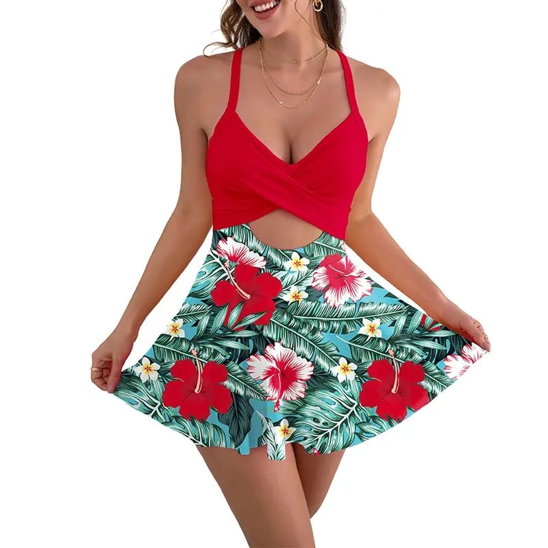 ⚡Hot Sales 49% OFF🔥Women Cutout One Piece Skirt Swimsuit V Neck Wrap Tie Back Swimdress Tummy Control Bathing Suits High Rise Swimwear High Waist Swimwsuit