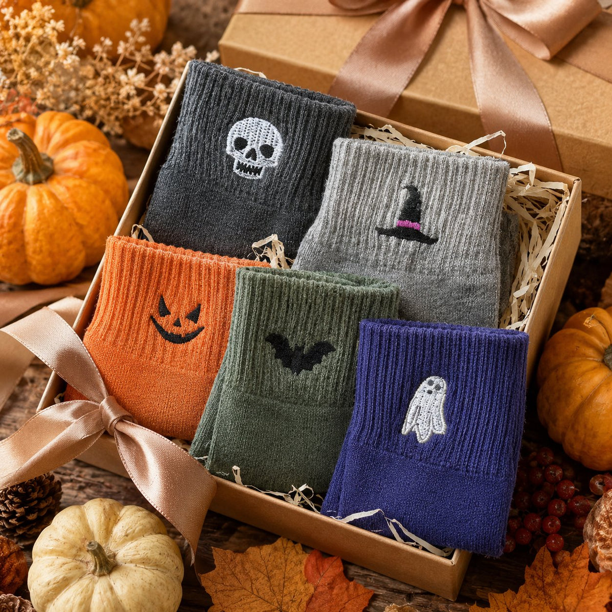 🔥🎃 100% Cotton - Viral Halloween Embroidered Crew Socks – Cute Spooky Knit Socks✨