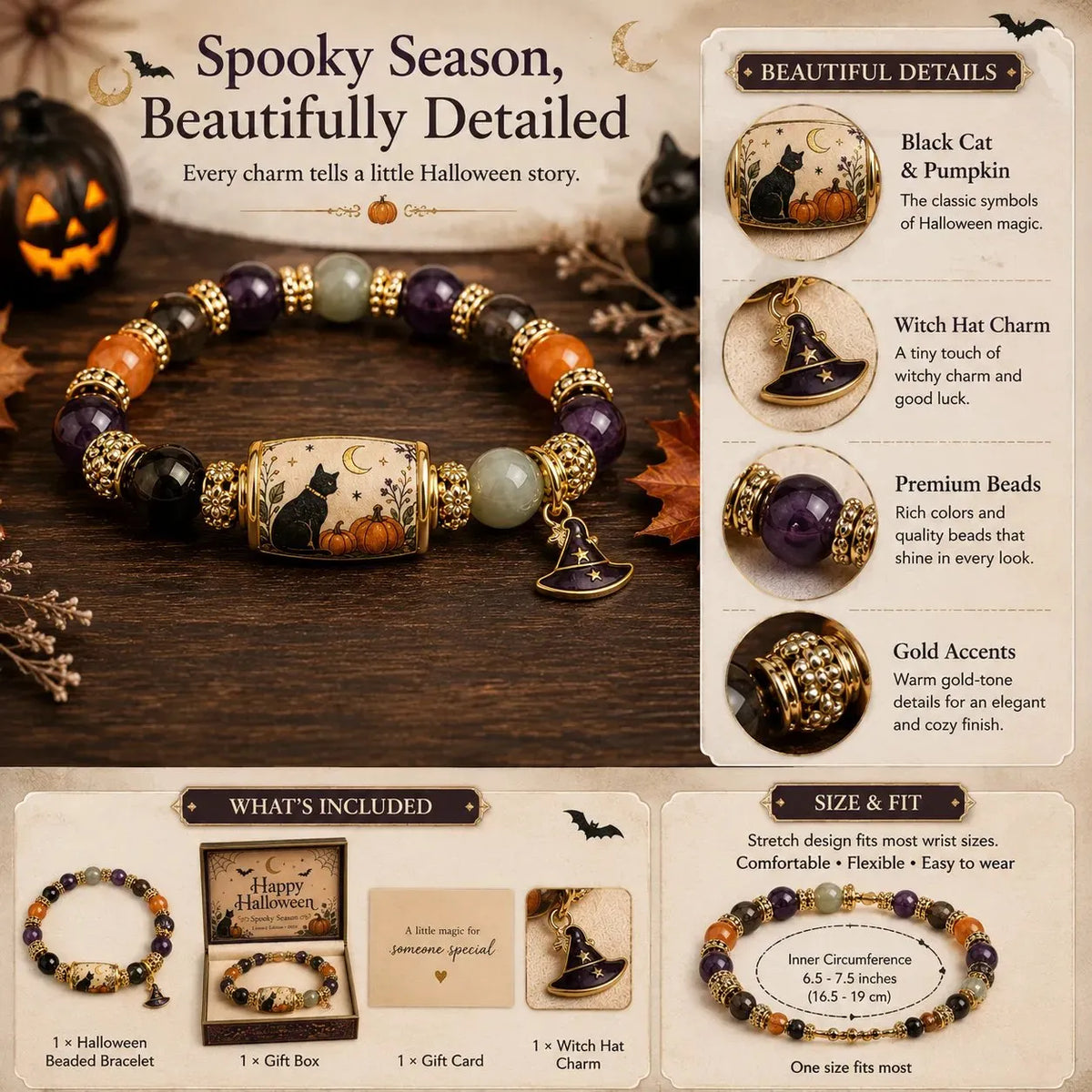 🎃✨ Spooky Black Cat Pumpkin Bracelet for Halloween Style 🖤