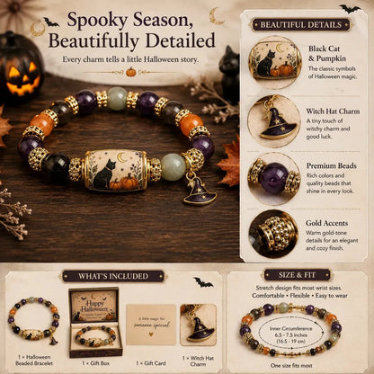 ⏰Last day Promotion 🔥-🎃 Halloween Beaded Bracelet – Black Cat & Pumpkin Charm Spooky Season Jewelry Gift