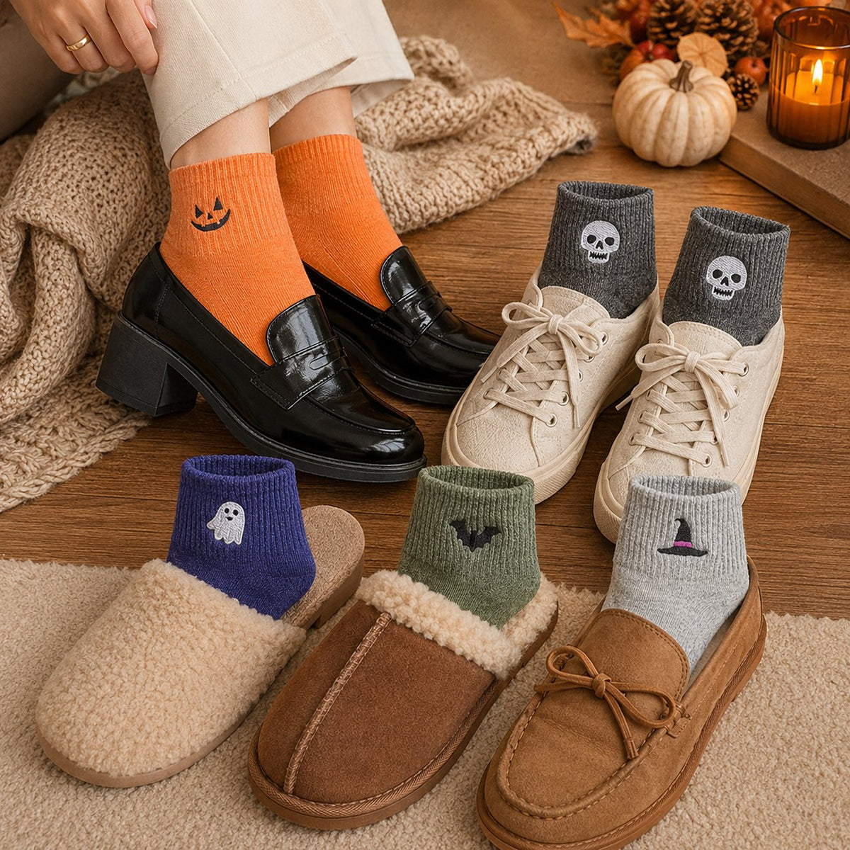 🔥🎃 100% Cotton - Viral Halloween Embroidered Crew Socks – Cute Spooky Knit Socks✨