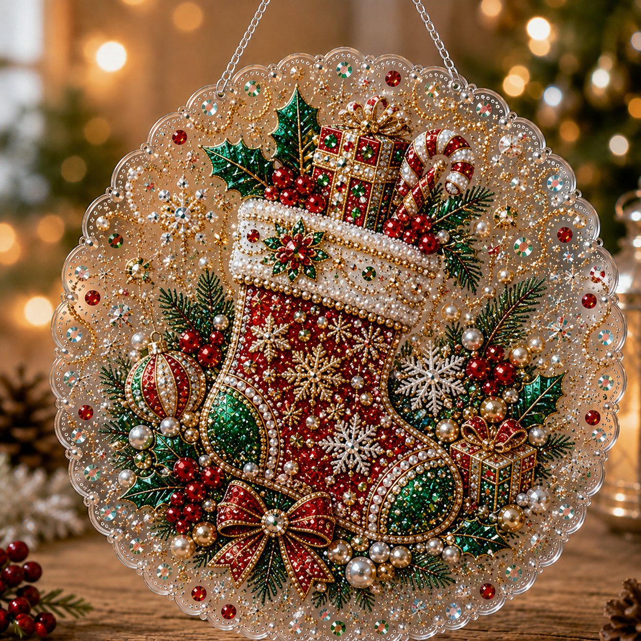 🎄 LAST DAY 69% OFF – ✨ Christmas Pearl Diamond Art Hanging Ornament Kit | Luxury Flocked Canvas with Scratch-Resistant Non-Fading Pearl Beads DIY Handmade Holiday Hanging Decor 🎅💎