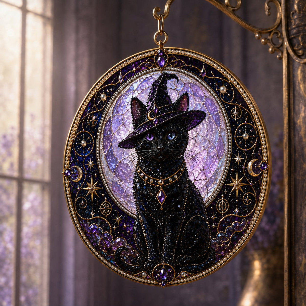 🔥Last Day 50% OFF -🌙🐈‍⬛ Premium 3D Pearl Celestial Black Cat Window Hanging Kit