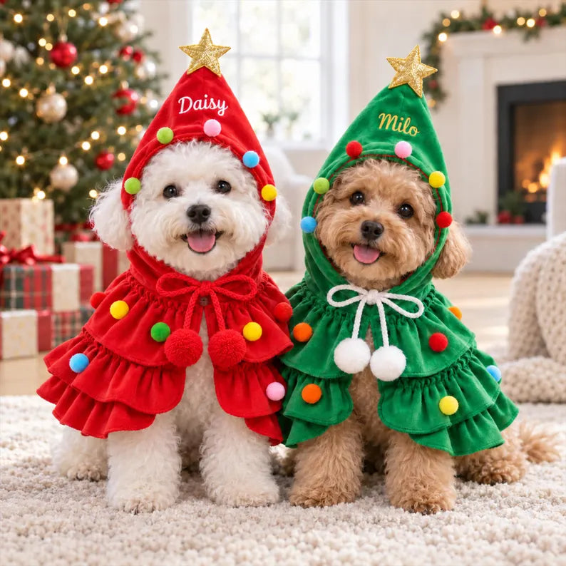 🎄 Personalized Pet Christmas Cape – Embroidered Name Dog Holiday Outfit 🐶✨