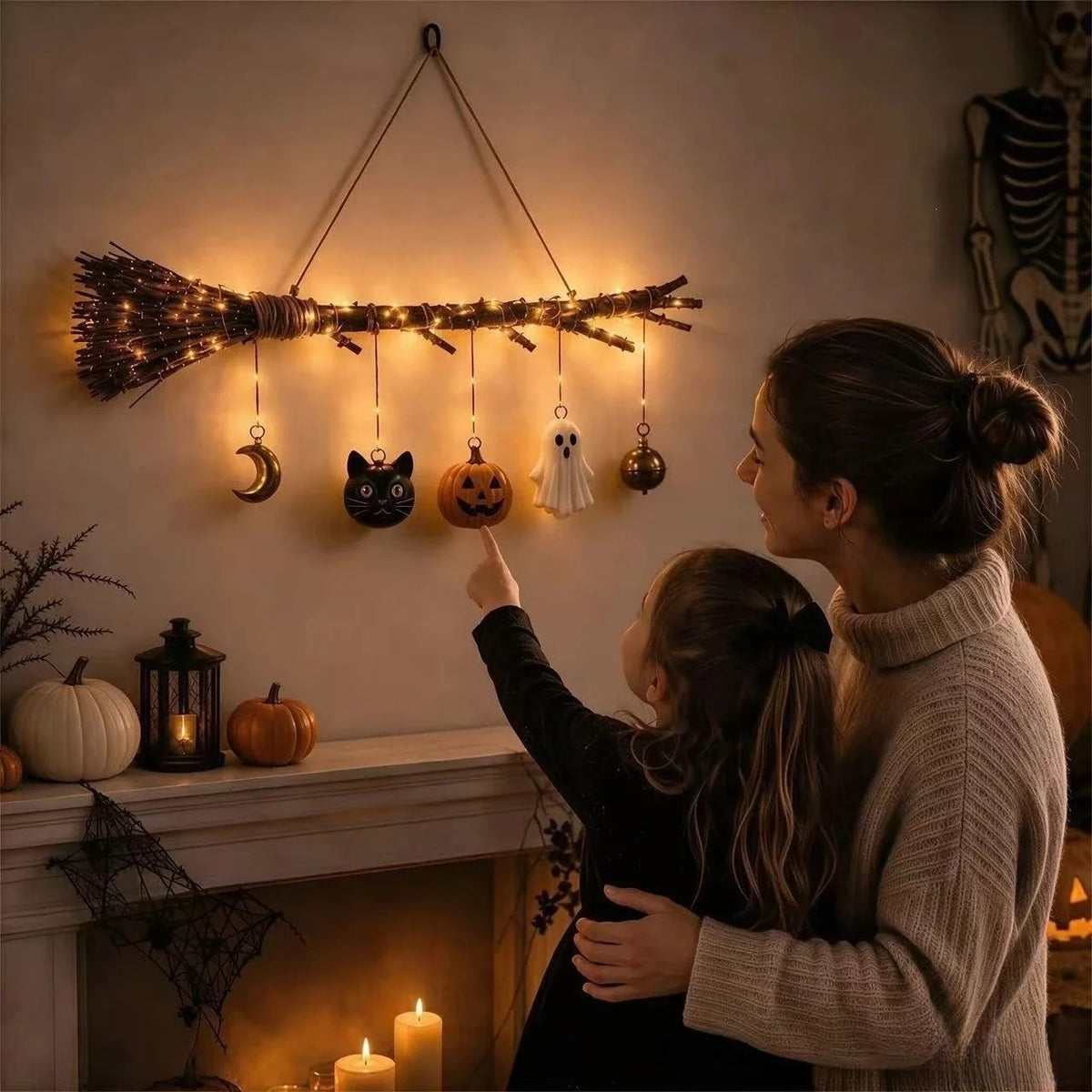 🧹 Luminous Witch Broom – Light-Up Halloween Hanging Decoration