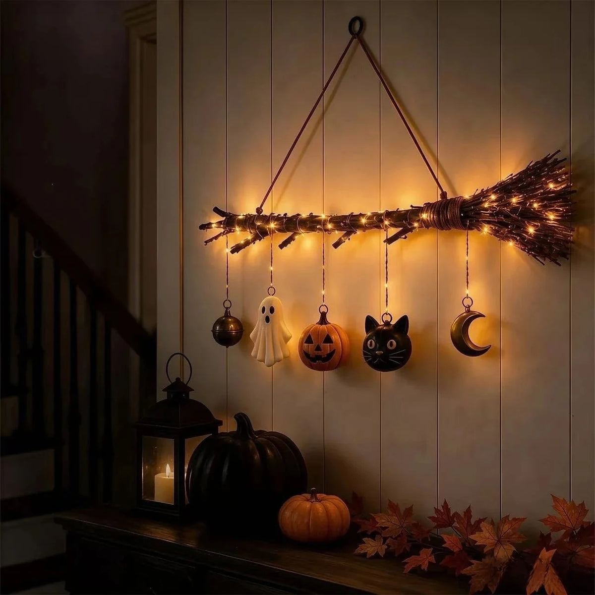 🧹 Luminous Witch Broom – Light-Up Halloween Hanging Decoration