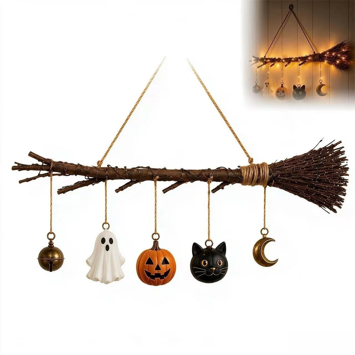 🧹 Luminous Witch Broom – Light-Up Halloween Hanging Decoration