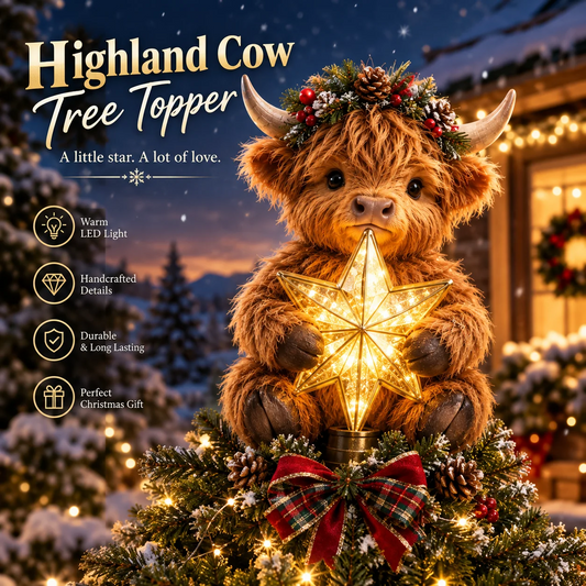 🐮 50% OFF – Highland Cow Christmas Tree Topper with Glowing Star