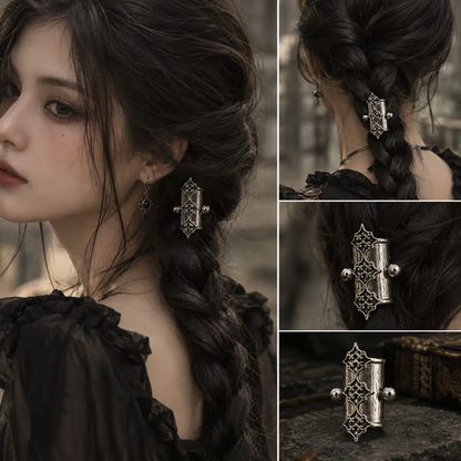 🖤 Gothic Filigree Braid Cuff – Vintage Silver-Tone Hair Ornament ✨