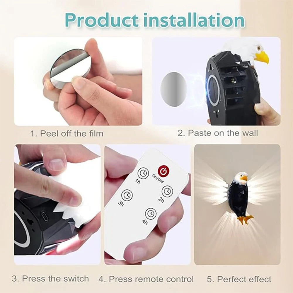 🦅 50% OFF – Black Eagle LED Wall Light – USB Rechargeable Magnetic Remote-Controlled Wall Lamp